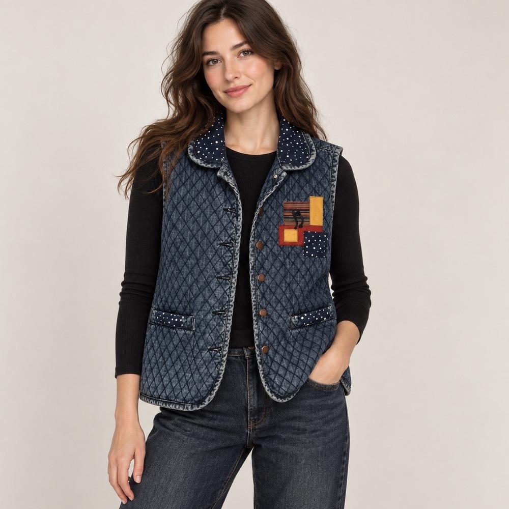 Vintage Women's L Quilted Denim Vest Patchwork Applique Wearable Art Jacket